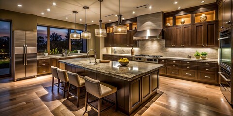 Luxurious Modern Kitchen at Night - Low Light Interior Design Stock Photo