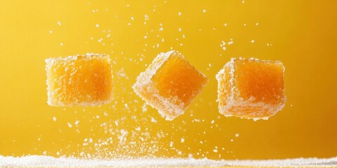 Three cubes of orange marmalade floating in the air, surrounded by sugar powder on a yellow background