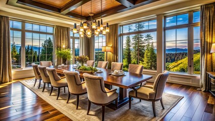 Obraz premium Luxurious Northwest Dining Room: Aerial View of Elegant Interior