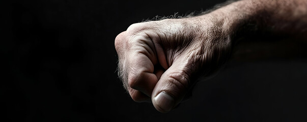 Wrinkled Hand Forms a Fist, Power and Age, Dark Background