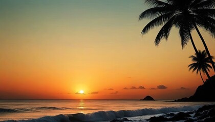 Silhouetted Palm Trees at Sunset, Tropical Beach Scene