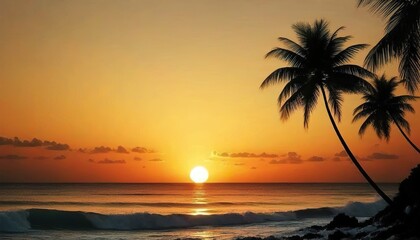 Silhouetted Palm Trees at Sunset, Tropical Beach Scene