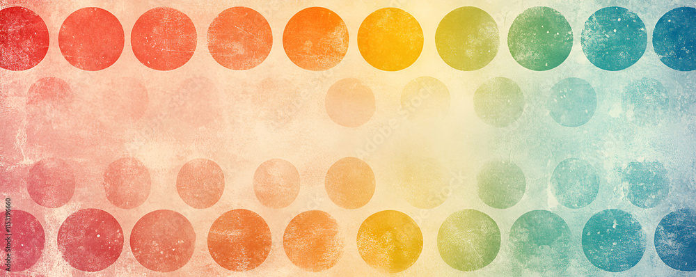 Poster rainbow circles on textured background, a vibrant, colorful pattern of textured circles arranged in 