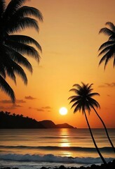 Silhouetted Palm Trees at Sunset, Tropical Beach Scene