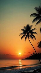Obraz premium Silhouetted Palm Trees at Sunset, Tropical Beach Scene