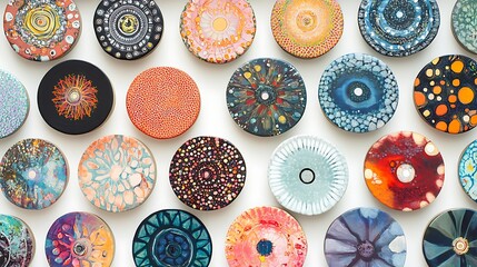 Colorful abstract circular art pieces arranged on white background.