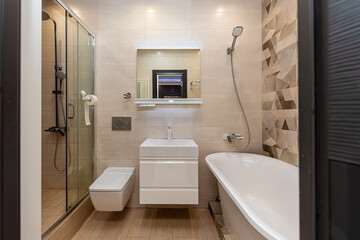 Simple bathroom interior in residential building, toilet design hotel apartment