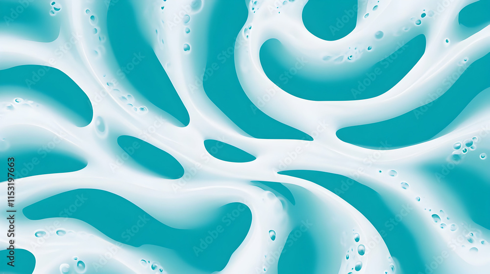 Poster abstract swirling fluid, teal background: bubbles rise in a dynamic, mesmerizing flow, creating an e