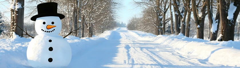 Fototapeta premium Snowy Winter Wonderland, Snowman Stands by a Snow-Covered Road in a Picturesque Forest Setting, Calmly Observing the Winter Scenery.
