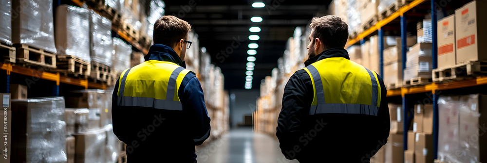 Poster warehouse workers discuss logistics in a large facility, examining inventory levels and optimizing s