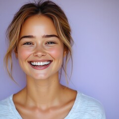 Naklejka premium Beauty girl smiling and wearing a t-shirt in studio color background