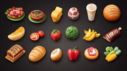 Colorful isometric food icons pastries, fruits, vegetables, egg, bread, and drinks.