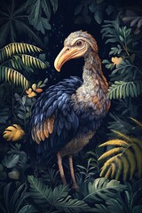 Enigmatic Phorusrhacid in Lush Tropical Foliage: A Digital Painting of Extinct Bird