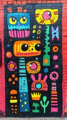 Playful Abstract Monsters in Bold Graffiti Style on Wall