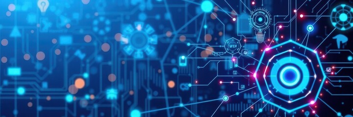 Futuristic Technology Background Featuring Circuit Patterns and Digital Elements with Bright Lights and Geometric Shapes for Creative Projects and Design