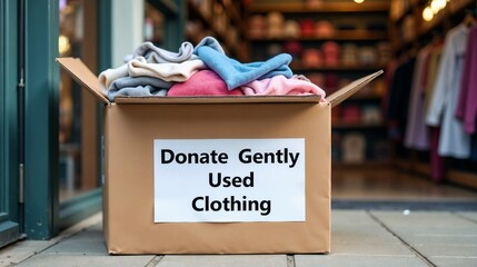 Donate gently used clothing in a cardboard box outside a thrift store during daylight hours in a bustling urban area