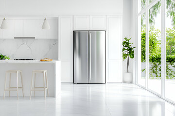Modern White Kitchen Design with Stainless Steel Refrigerator, Island, and Marble Countertops.  Spacious room with natural light and green plants.