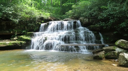 Obraz premium A serene waterfall cascading over rocks in a lush, green forest.