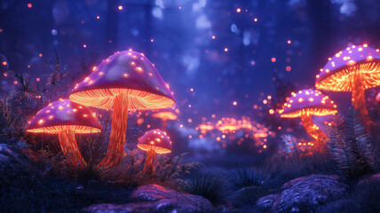 Illuminated Mushrooms in a Mystical Forest at Night, A captivating image of glowing mushrooms nestled within a dark, enchanted forest at night.