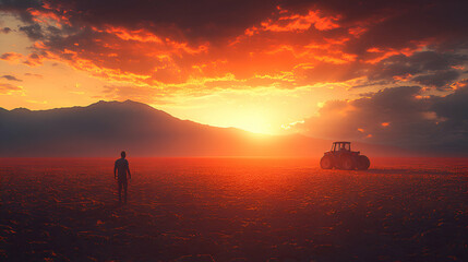 Fototapeta premium Sunset Agricultural Scene, Man Contemplates Harvest's End Near Tractor in Fiery Sky