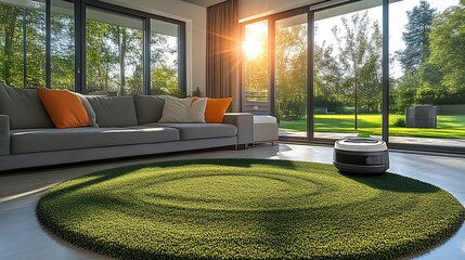 Modern living room with robot vacuum cleaning circular rug.