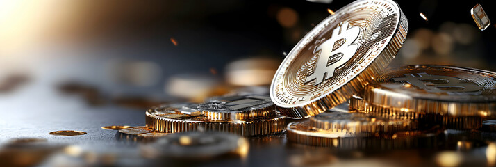 Digital Currency, Bitcoin Coins Falling Dynamically onto Dark Surface, Representing Cryptocurrency Market Volatility