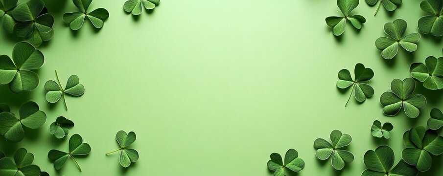 Frame made of clover leaves on green background. Three-leaved shamrocks. St Patrick Day holiday symbol.