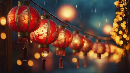 Chinese lanterns in celebration of Chinese New Year with a beautiful blur background. 