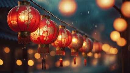 Chinese lanterns in celebration of Chinese New Year with a beautiful blur background. 