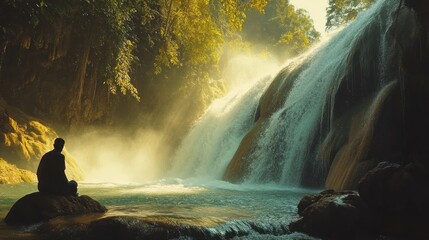 A serene waterfall scene with a person meditating by the water, surrounded by lush nature.