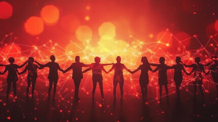 Silhouettes of people holding hands against a vibrant, abstract background of lights.
