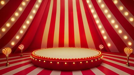 Circus stage podium background 3D carnival light red show curtain.