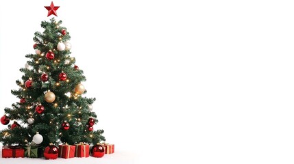 A white background with a red and green Christmas tree