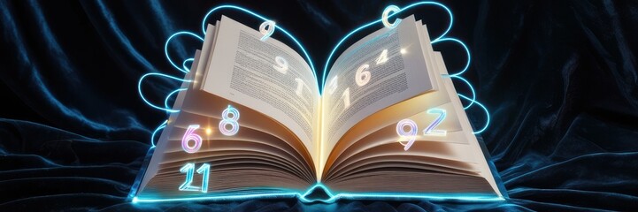 Abstract open book with flying letters and numbers against a dark futuristic background