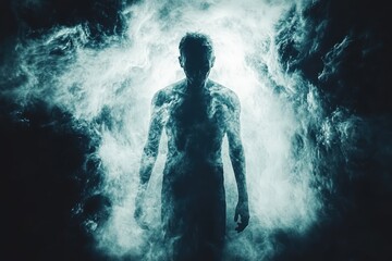 Obraz premium Silhouette of a male figure emerging from swirling smoke, creating a mysterious and ethereal atmosphere.