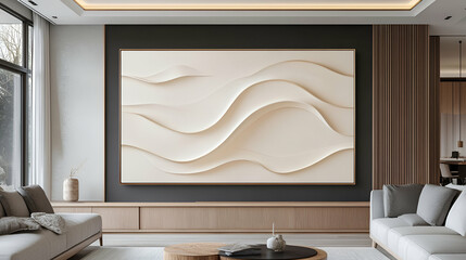 Serene Waves Wall Art,  Modern Minimalist Home Decor, Enhancing Living Room Ambiance with Elegant Cream Hues and Subtle Texture.