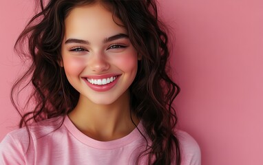 Naklejka premium Beauty girl smiling and wearing a t-shirt in studio color background