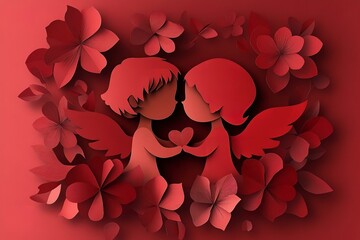 Valentines day cupid silhouettes in paper art and craft style
