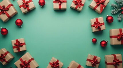 Many different gift boxes with bows and Christmas red balls on a turquoise background with copy space top view