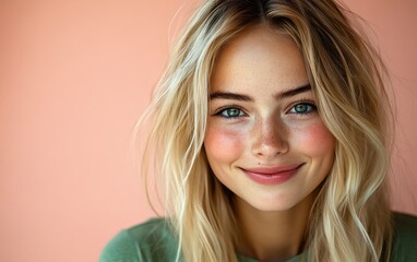 Fototapeta premium Beauty girl smiling and wearing a t-shirt in studio color background