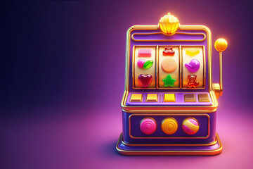 banner with space for text, slot machine with candy on stylish gradient purple background conveying vibe of creativity and fun, for advertising and social media,