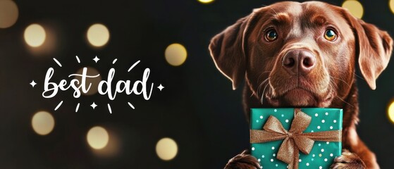 Chocolate Labrador Dog Holding Gift for Best Dad, Fathers Day Card
