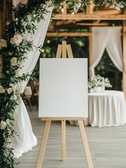Mockup of a white canvas on an easel as a welcome sign at a wedding