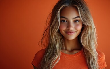 Fototapeta premium Beauty girl smiling and wearing a t-shirt in studio color background