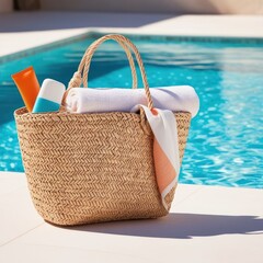 Swimming pool essentials concept. Beach bag with items for safe sunbathing near swimming pool, white blanket and sunscreen product
