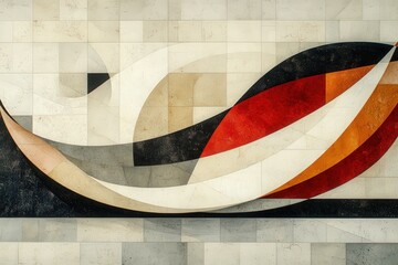 An abstract artwork featuring fluid shapes in warm tones of red, orange, and beige, creating a dynamic flow across the canvas.