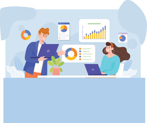 A teamwork-focused strategic consulting business analysis illustration showing a diverse group of professionals working together.