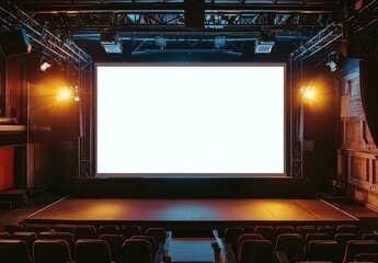 Large projection screen on stage presentation board blank whiteboard for conference. Screen display for creative design free space for advertisement. Advertising mockup concept.