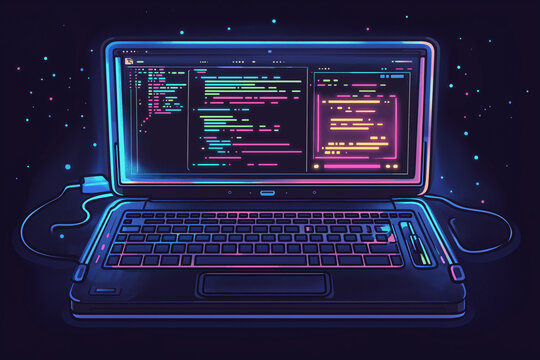 Nighttime coding session, illuminated laptop screen displaying swift programming language syntax for software development