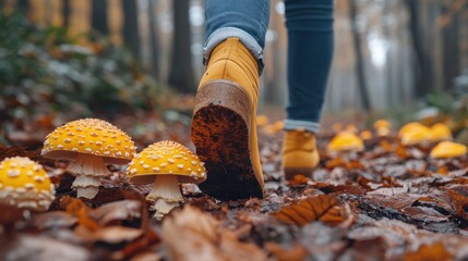 A person walking on a forest path surrounded by vibrant yellow mushrooms and autumn leaves.